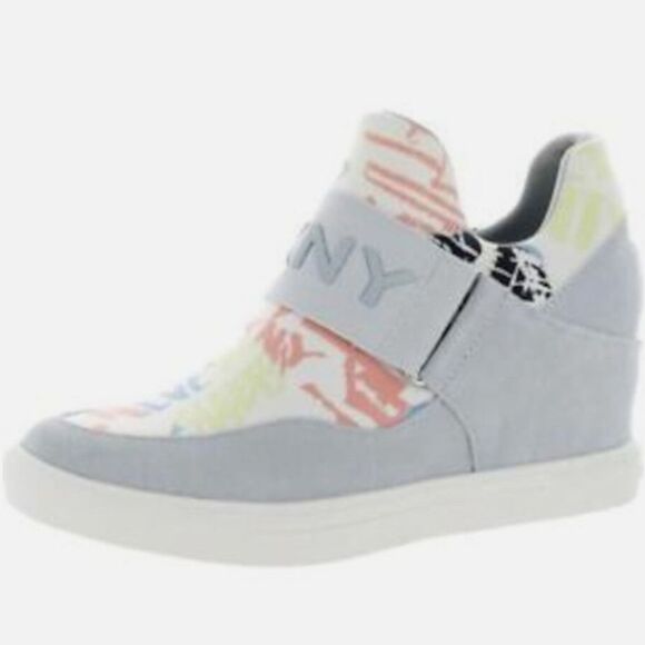 DKNY light blue wedge sneakers with center green pink, and white graphics - Picture 11 of 11